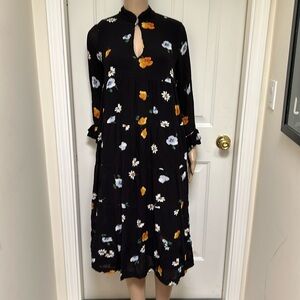 GANNI Georgette Viscose Micro Floral Print  Tiered Long Sleeve Boho Midi Dress